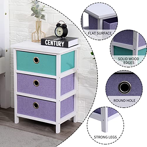 NO MORE TAG Nightstand Set of 2, Small Nightstand with 3 Fabric Drawers, Bedside Table for Bedroom, Sturdy Wood Frame, Wood Top, Easy Pull Handle,Easy Assembly,Purple