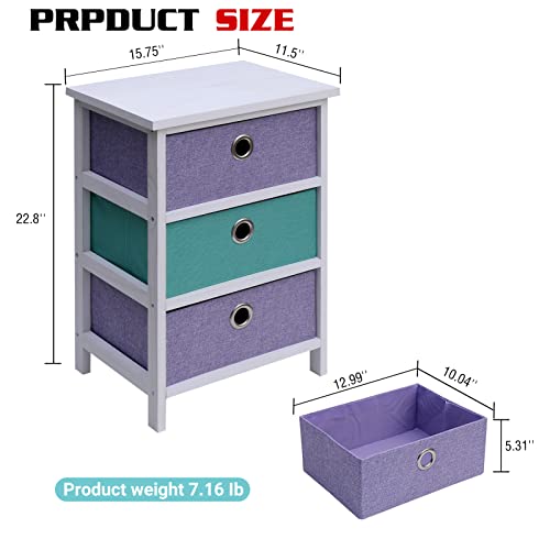 NO MORE TAG Nightstand Set of 2, Small Nightstand with 3 Fabric Drawers, Bedside Table for Bedroom, Sturdy Wood Frame, Wood Top, Easy Pull Handle,Easy Assembly,Purple