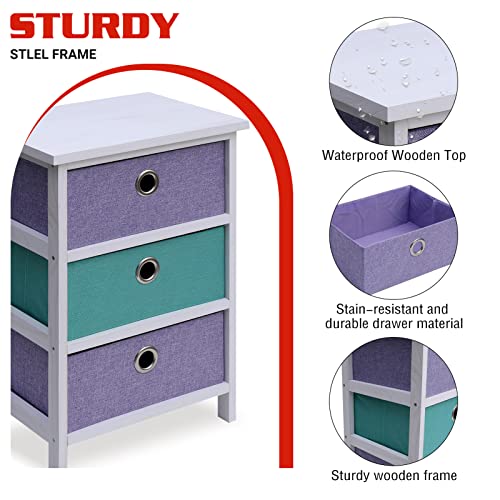 NO MORE TAG Nightstand Set of 2, Small Nightstand with 3 Fabric Drawers, Bedside Table for Bedroom, Sturdy Wood Frame, Wood Top, Easy Pull Handle,Easy Assembly,Purple