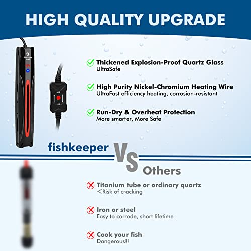 fishkeeper Ultra-Safe Intelligent Submersible Aquarium Heater 300W/500W/800W Electronic Precision Thermostat Fish Tank Heater with Run-Dry and Overheat Protection for 40~220 Gallon Fish Tank