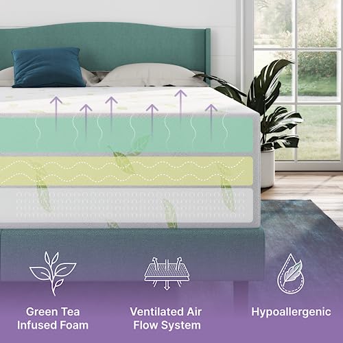 NapQueen Twin Mattress, 8 Inch Anula Green Tea Memory Foam Mattress, Twin Bed Mattress in a Box, CertiPUR-US Certified, Medium Firm, Natural Odor Neutralizer, Breathable & Washable Soft Fabric Cover