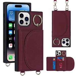 Jaorty Crossbody Phone Cases for iPhone 13 Pro with Card Holder for Women,iPhone 13 Pro Case Wallet with Lanyard Strap,PU Leather Magnetic Clasp [360° Rotatable Ring Holder Kickstand],(Red)