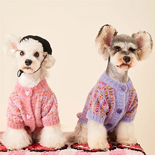 Pet Sweater Cardigan Cute Heart Shape Buckles Sweater for Small Dog Cat Soft Jacket Puppy Colorful Knitwear Clothes (S,Purple)
