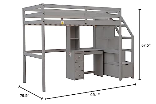 ODC Twin Over Twin Bunk Bed with Desk,Multifunctional Twin Size Loft Bed with a Platform Twin Bed and Storage Staircase, Solid Wood Loft Bed Frame with Shelves/Drawers for Kids Teens Adults