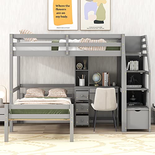 ODC Twin Over Twin Bunk Bed with Desk,Multifunctional Twin Size Loft Bed with a Platform Twin Bed and Storage Staircase, Solid Wood Loft Bed Frame with Shelves/Drawers for Kids Teens Adults