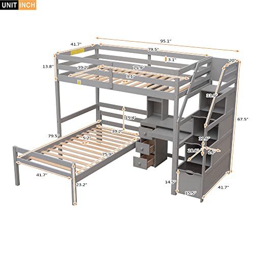 ODC Twin Over Twin Bunk Bed with Desk,Multifunctional Twin Size Loft Bed with a Platform Twin Bed and Storage Staircase, Solid Wood Loft Bed Frame with Shelves/Drawers for Kids Teens Adults