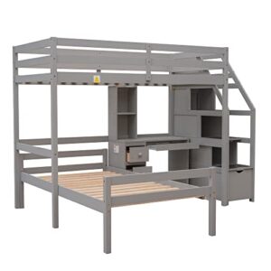 ODC Twin Over Twin Bunk Bed with Desk,Multifunctional Twin Size Loft Bed with a Platform Twin Bed and Storage Staircase, Solid Wood Loft Bed Frame with Shelves/Drawers for Kids Teens Adults