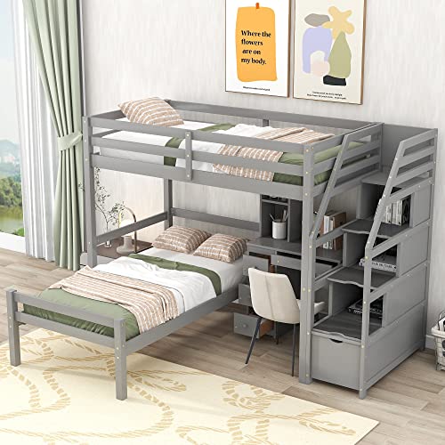 ODC Twin Over Twin Bunk Bed with Desk,Multifunctional Twin Size Loft Bed with a Platform Twin Bed and Storage Staircase, Solid Wood Loft Bed Frame with Shelves/Drawers for Kids Teens Adults