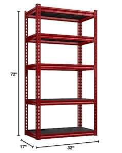 reibii 72" garage shelving heavy duty garage storage shelves, adjustable 5 tier heavy duty shelving, garage shelves heavy duty metal shelving for storage, utility shelves, 72"h*32"w*17"d, red ＆ black