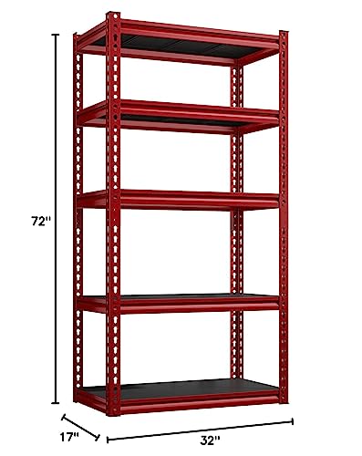 REIBII 72" Garage Shelving Heavy Duty Garage Storage Shelves, Adjustable 5 Tier Heavy Duty Shelving, Garage Shelves Heavy Duty Metal Shelving for Storage, Utility Shelves, 72"H*32"W*17"D, Red ＆ Black