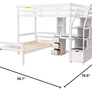 ODC Twin Over Twin Bunk Bed with Desk,Multifunctional Twin Size Loft Bed with a Platform Twin Bed and Storage Staircase, Solid Wood Loft Bed Frame with Shelves/Drawers for Kids Teens Adults