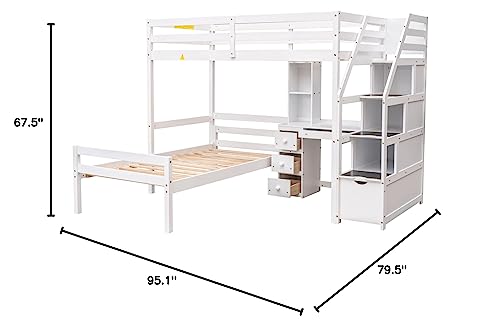 ODC Twin Over Twin Bunk Bed with Desk,Multifunctional Twin Size Loft Bed with a Platform Twin Bed and Storage Staircase, Solid Wood Loft Bed Frame with Shelves/Drawers for Kids Teens Adults