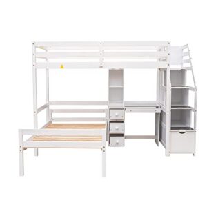 ODC Twin Over Twin Bunk Bed with Desk,Multifunctional Twin Size Loft Bed with a Platform Twin Bed and Storage Staircase, Solid Wood Loft Bed Frame with Shelves/Drawers for Kids Teens Adults