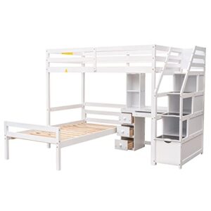 ODC Twin Over Twin Bunk Bed with Desk,Multifunctional Twin Size Loft Bed with a Platform Twin Bed and Storage Staircase, Solid Wood Loft Bed Frame with Shelves/Drawers for Kids Teens Adults