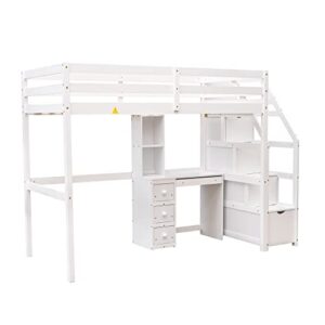 ODC Twin Over Twin Bunk Bed with Desk,Multifunctional Twin Size Loft Bed with a Platform Twin Bed and Storage Staircase, Solid Wood Loft Bed Frame with Shelves/Drawers for Kids Teens Adults