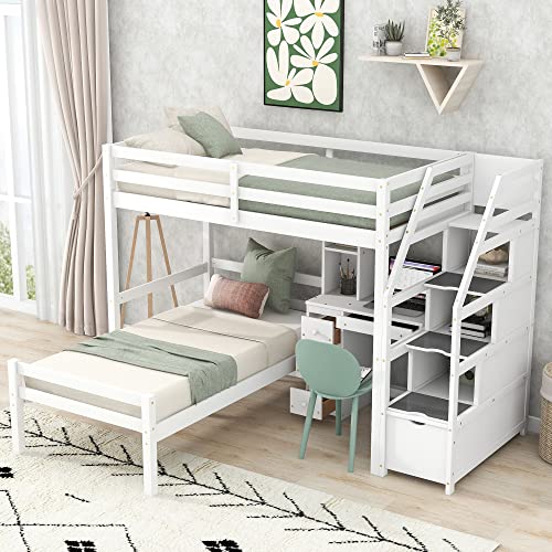 ODC Twin Over Twin Bunk Bed with Desk,Multifunctional Twin Size Loft Bed with a Platform Twin Bed and Storage Staircase, Solid Wood Loft Bed Frame with Shelves/Drawers for Kids Teens Adults