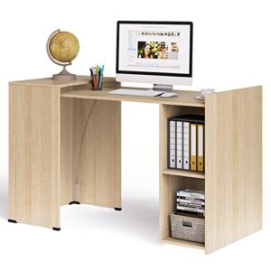 tangkula extendable computer desk for small space, reversible study writing desk with mobile shelves & anti-tipping kit, home office desk, pull-out laptop workstation desk (natural)