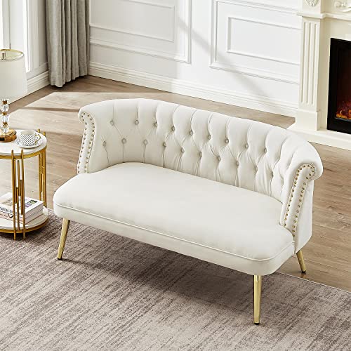 JEEOHEY Small Loveseat Sofa, 53.5" Modern Upholstered Button Tufted Velvet 2-Seat Sofa Small Love Seat Couch for Small Space, Living Room, Bedroom and Apartment, Beige