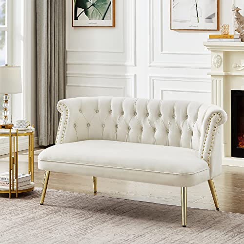 JEEOHEY Small Loveseat Sofa, 53.5" Modern Upholstered Button Tufted Velvet 2-Seat Sofa Small Love Seat Couch for Small Space, Living Room, Bedroom and Apartment, Beige