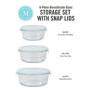 Martha Stewart Lamoine 6 Piece 44 oz, 32 oz, 22 oz Round Storage Borosilicate Glass Container Set w/PP Snap Martha Blue Lids