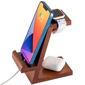shevvi stand for apple watch, 2 in 1 walnut wood phone stand holder for ipad tablet, desktop stand charging dock for iphone 14 13 12 11 all series and apple watch series 8/se2/7/6/se/5/4/3/2/1