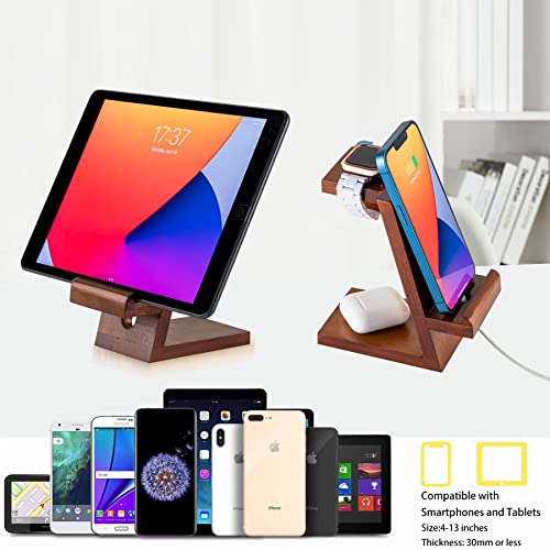 Shevvi Stand for Apple Watch, 2 in 1 Walnut Wood Phone Stand Holder for iPad Tablet, Desktop Stand Charging Dock for iPhone 14 13 12 11 All Series and Apple Watch Series 8/SE2/7/6/SE/5/4/3/2/1