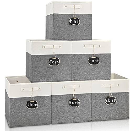 Dyvavna 13x13x13 Inch Storage Cube Bins, Large Foldable Fabric Linen Cube Storage Bins【6-pack】, with Cotton Handles Closet Bins for Nursery Shelves Home Organization and Storage bins(White & grey)