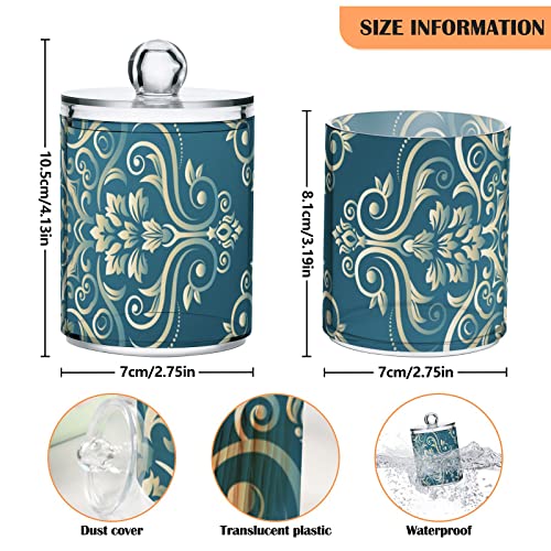 WELLDAY Apothecary Jars Bathroom Storage Organizer with Lid - 14 oz Qtip Holder Storage Canister, Baroque Damask Teal Clear Plastic Jar for Cotton Swab, Cotton Ball, Floss Picks, Makeup Sponges,Hair C