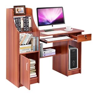 ifanny computer desk with storage, wooden writing desk with drawer, cabinet, bookshelf, modern work table w/keyboard tray and cpu stand, corner office desk for small spaces