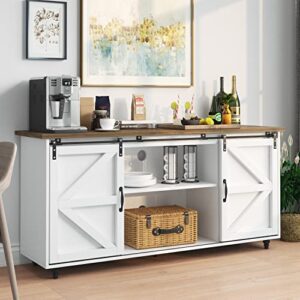 catrimown white sideboard buffet cabinet 58” sideboard and buffet with storage sliding barn door kitchen buffet storage cabinet farmhouse coffee bar cabinet credenza for living room entryway, white
