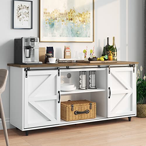 Catrimown White Sideboard Buffet Cabinet 58” Sideboard and Buffet with Storage Sliding Barn Door Kitchen Buffet Storage Cabinet Farmhouse Coffee Bar Cabinet Credenza for Living Room Entryway, White