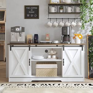 Catrimown White Sideboard Buffet Cabinet 58” Sideboard and Buffet with Storage Sliding Barn Door Kitchen Buffet Storage Cabinet Farmhouse Coffee Bar Cabinet Credenza for Living Room Entryway, White