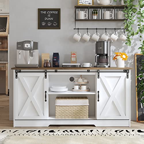 Catrimown White Sideboard Buffet Cabinet 58” Sideboard and Buffet with Storage Sliding Barn Door Kitchen Buffet Storage Cabinet Farmhouse Coffee Bar Cabinet Credenza for Living Room Entryway, White