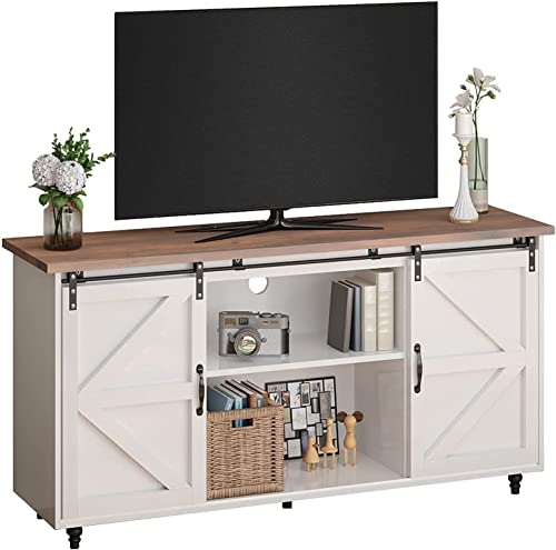 Catrimown White Sideboard Buffet Cabinet 58” Sideboard and Buffet with Storage Sliding Barn Door Kitchen Buffet Storage Cabinet Farmhouse Coffee Bar Cabinet Credenza for Living Room Entryway, White