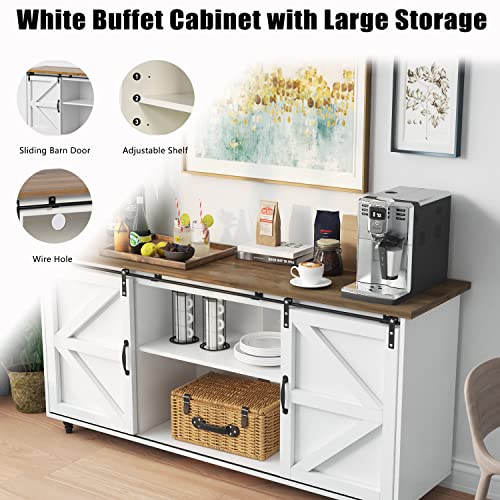 Catrimown White Sideboard Buffet Cabinet 58” Sideboard and Buffet with Storage Sliding Barn Door Kitchen Buffet Storage Cabinet Farmhouse Coffee Bar Cabinet Credenza for Living Room Entryway, White