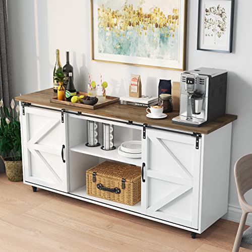 Catrimown White Sideboard Buffet Cabinet 58” Sideboard and Buffet with Storage Sliding Barn Door Kitchen Buffet Storage Cabinet Farmhouse Coffee Bar Cabinet Credenza for Living Room Entryway, White