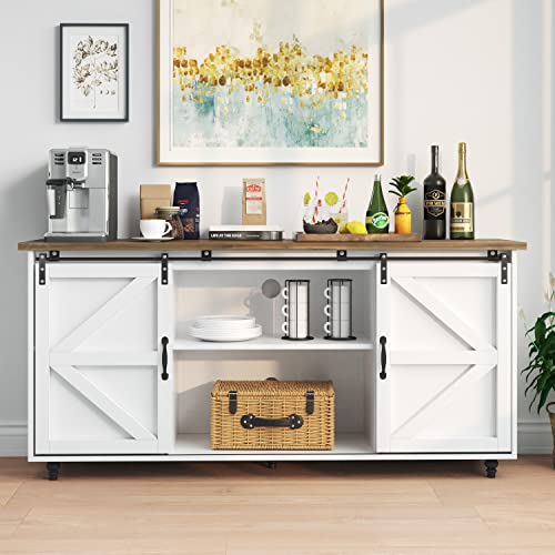 Catrimown White Sideboard Buffet Cabinet 58” Sideboard and Buffet with Storage Sliding Barn Door Kitchen Buffet Storage Cabinet Farmhouse Coffee Bar Cabinet Credenza for Living Room Entryway, White