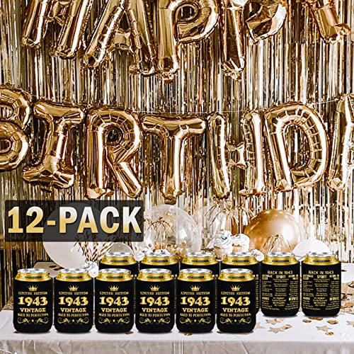 BackURyear 80th Birthday Party Decorations for Men Women, Funny 80th Birthday Party Supplies, 80 Years Old Eighty Birthday Decor, 80th Birthday Party Cans Cooler Sleeves, Black&Gold/12 Pcs