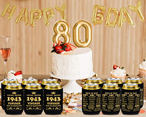 BackURyear 80th Birthday Party Decorations for Men Women, Funny 80th Birthday Party Supplies, 80 Years Old Eighty Birthday Decor, 80th Birthday Party Cans Cooler Sleeves, Black&Gold/12 Pcs