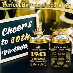 BackURyear 80th Birthday Party Decorations for Men Women, Funny 80th Birthday Party Supplies, 80 Years Old Eighty Birthday Decor, 80th Birthday Party Cans Cooler Sleeves, Black&Gold/12 Pcs