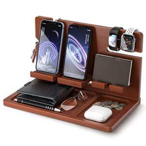 nightstand organizer for men, calm cozy bamboo cell phone docking station, gifts for him, birthday gifts for dad, wallet and key organizer, watch, tablets, rings, glasses put together