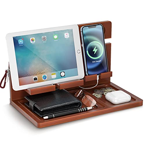 Nightstand Organizer for Men, CALM COZY Bamboo Cell Phone Docking Station, Gifts for Him, Birthday Gifts for Dad, Wallet and Key Organizer, Watch, Tablets, Rings, Glasses Put Together