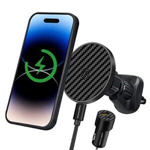 MONOCARBON Car Phone Holders for iPhone, MagSage Car Mount Charger Wireless, iPhone 15 Car Charger Adapter Fast Charging, Magnetic Car Phone Holder Mount.(Twill Carbon Matte Black+Charger)