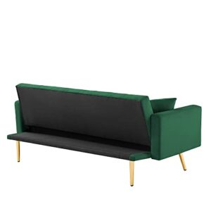 hansones Convertible Velvet Futon Sofa Bed,Sleeper Sofa Couch with Two Pillows and Golden Metal Legs for Living Room (Green)