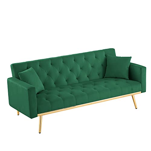 hansones Convertible Velvet Futon Sofa Bed,Sleeper Sofa Couch with Two Pillows and Golden Metal Legs for Living Room (Green)