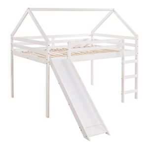 HYC Full Size Loft Bed with Slide, Wood Loft Bed Full with Playhouse Design, Kids House Loft Bed Frame for Boys Girls,White