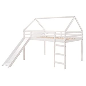 HYC Full Size Loft Bed with Slide, Wood Loft Bed Full with Playhouse Design, Kids House Loft Bed Frame for Boys Girls,White