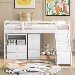 hyc twin loft bed with multifunctional movable built-in desk, wood low loft bed with stairs, for kids teens girls boys,white