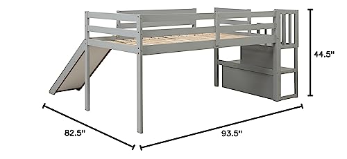 ODC Low Loft Bed with Slide and Storage Shelves, Solid Wood Twin Size Loft Bed Frame with Storage Stairs, Safety Guardrails for Toddlers, Kids Teens, No Box Spring Needed