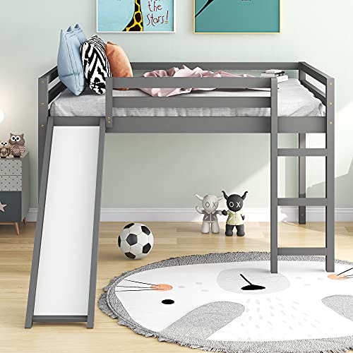 ODC Full Loft Bed with Slide and Ladder, Solid Wood Low Loft Bed Frame for Kids, Full Size Loft Bed for Kids/Teens/Grils/Boys, No Box Spring Needed